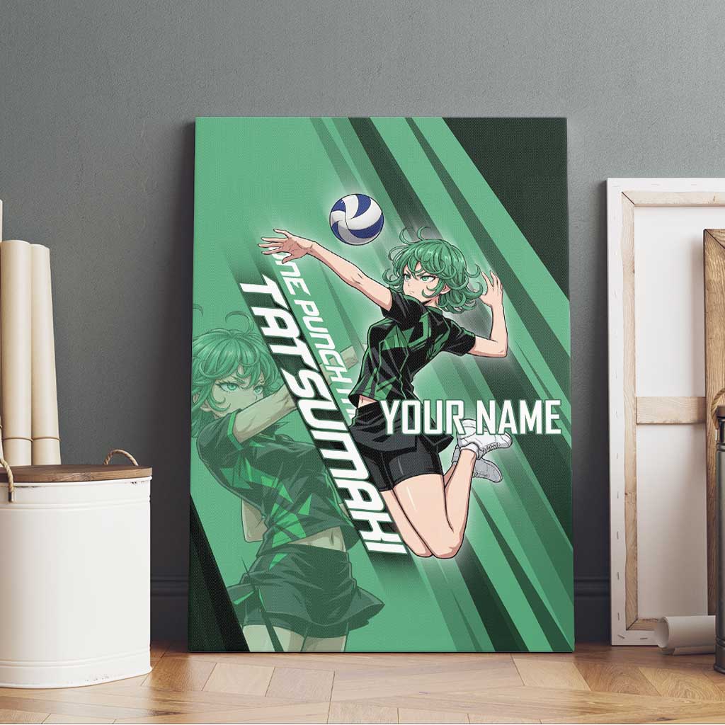 Personalized Tatsumaki Volleyball Design Canvas Wall Art with Green Athletic Theme and Energetic Action Pose