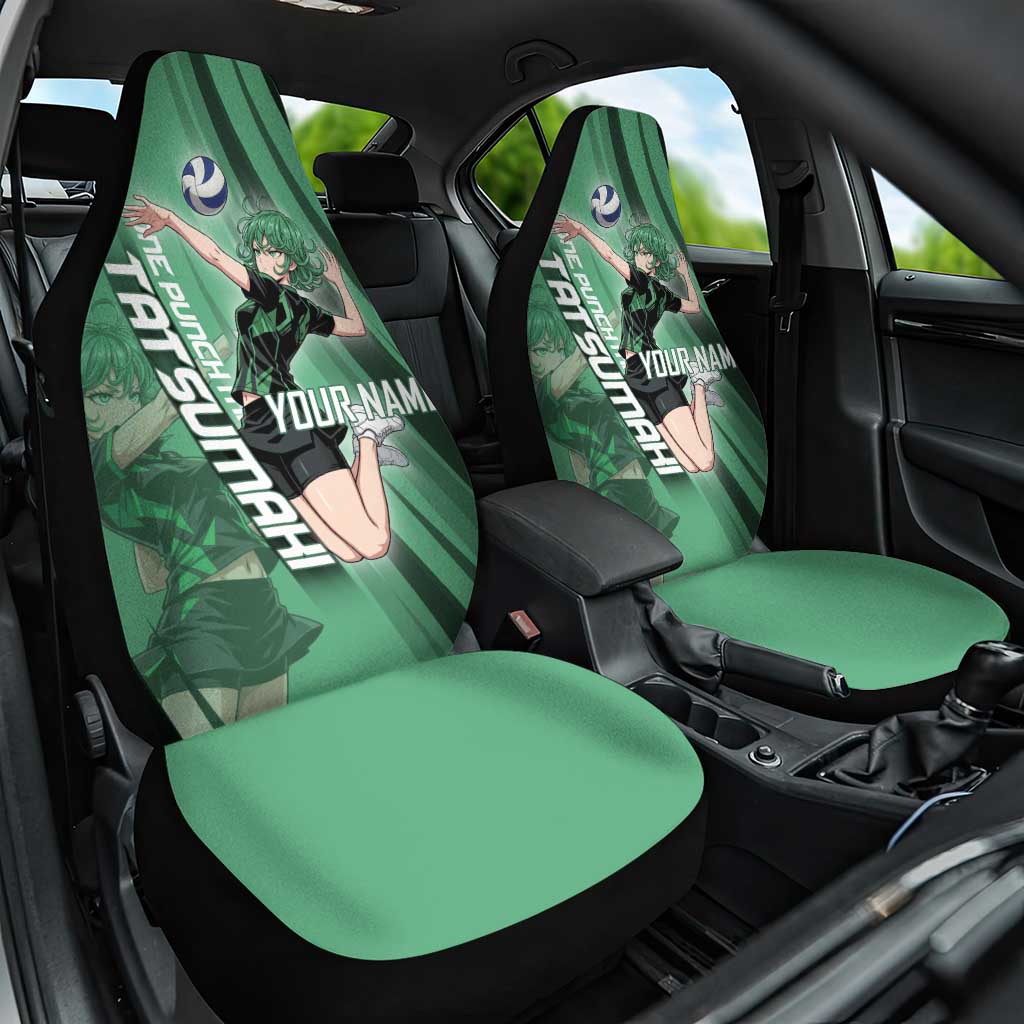 Personalized Tatsumaki Volleyball Design Car Seat Cover with Green Athletic Theme and Energetic Action Pose