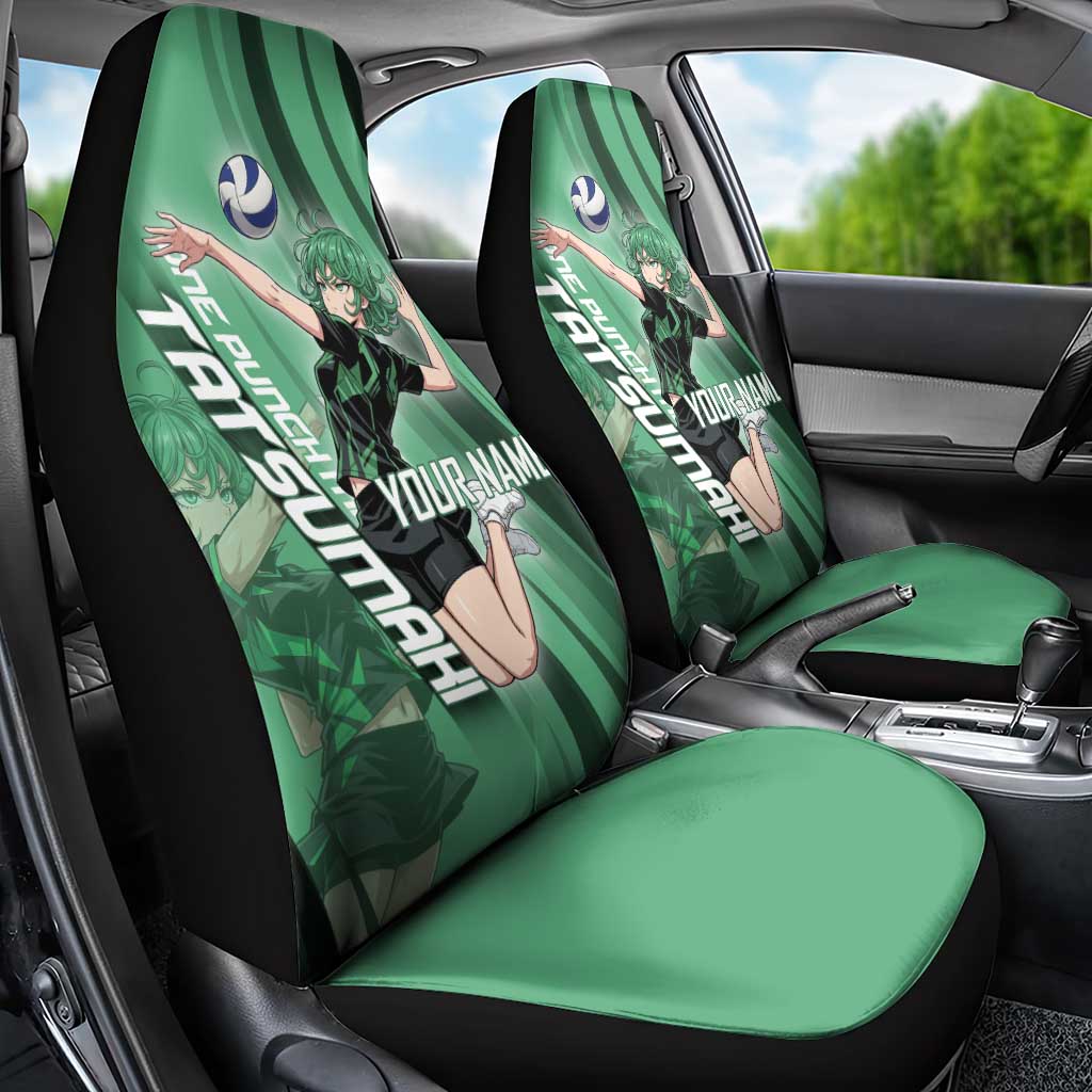 Personalized Tatsumaki Volleyball Design Car Seat Cover with Green Athletic Theme and Energetic Action Pose