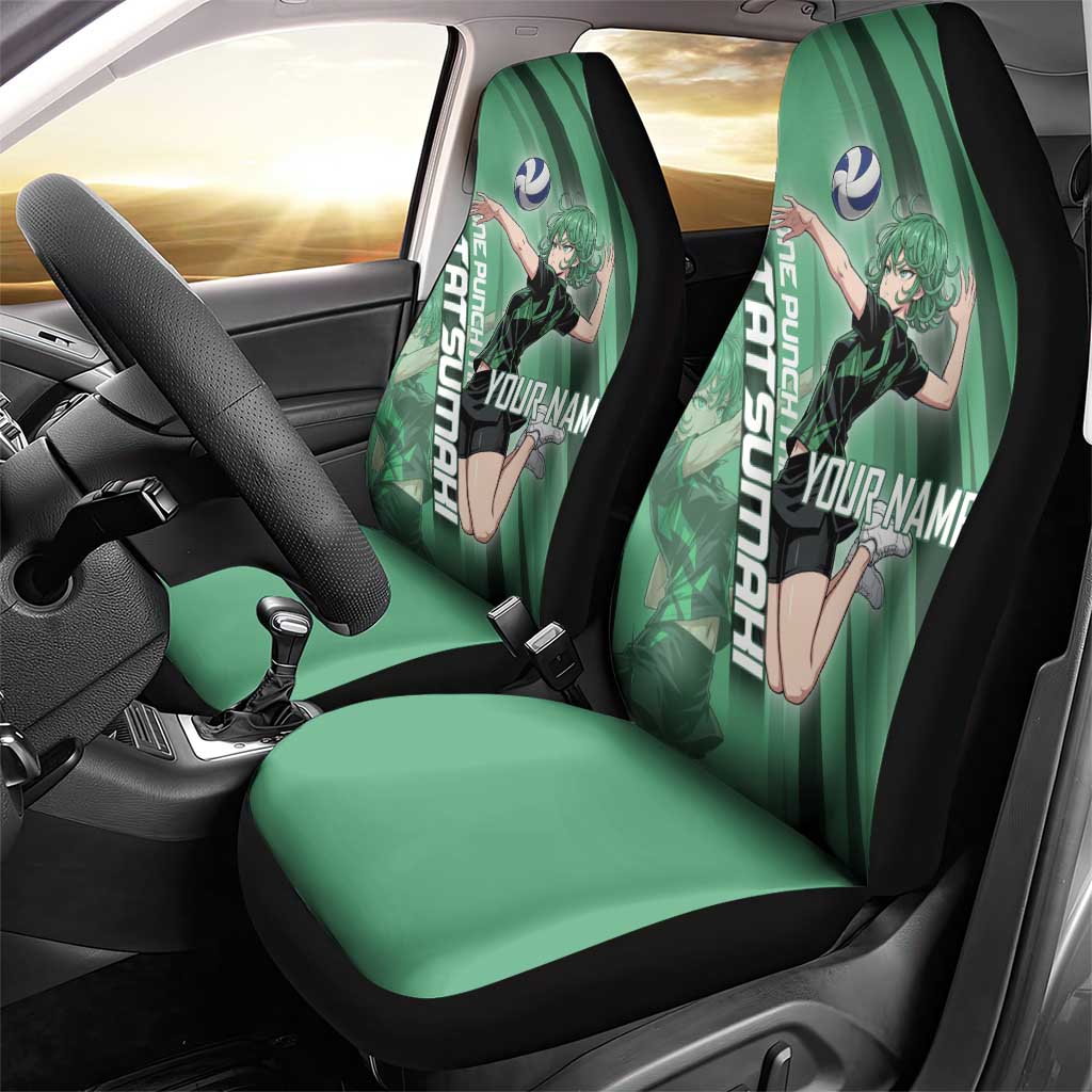 Personalized Tatsumaki Volleyball Design Car Seat Cover with Green Athletic Theme and Energetic Action Pose