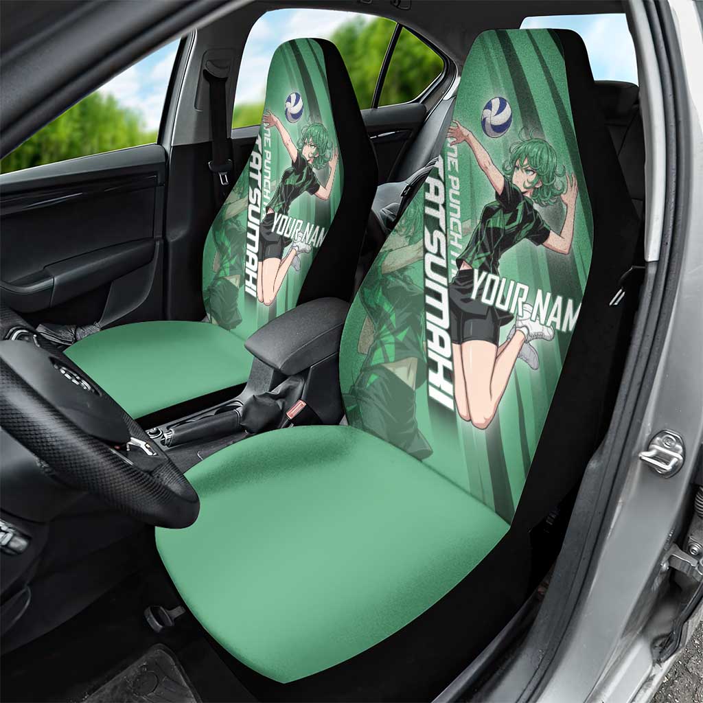 Personalized Tatsumaki Volleyball Design Car Seat Cover with Green Athletic Theme and Energetic Action Pose