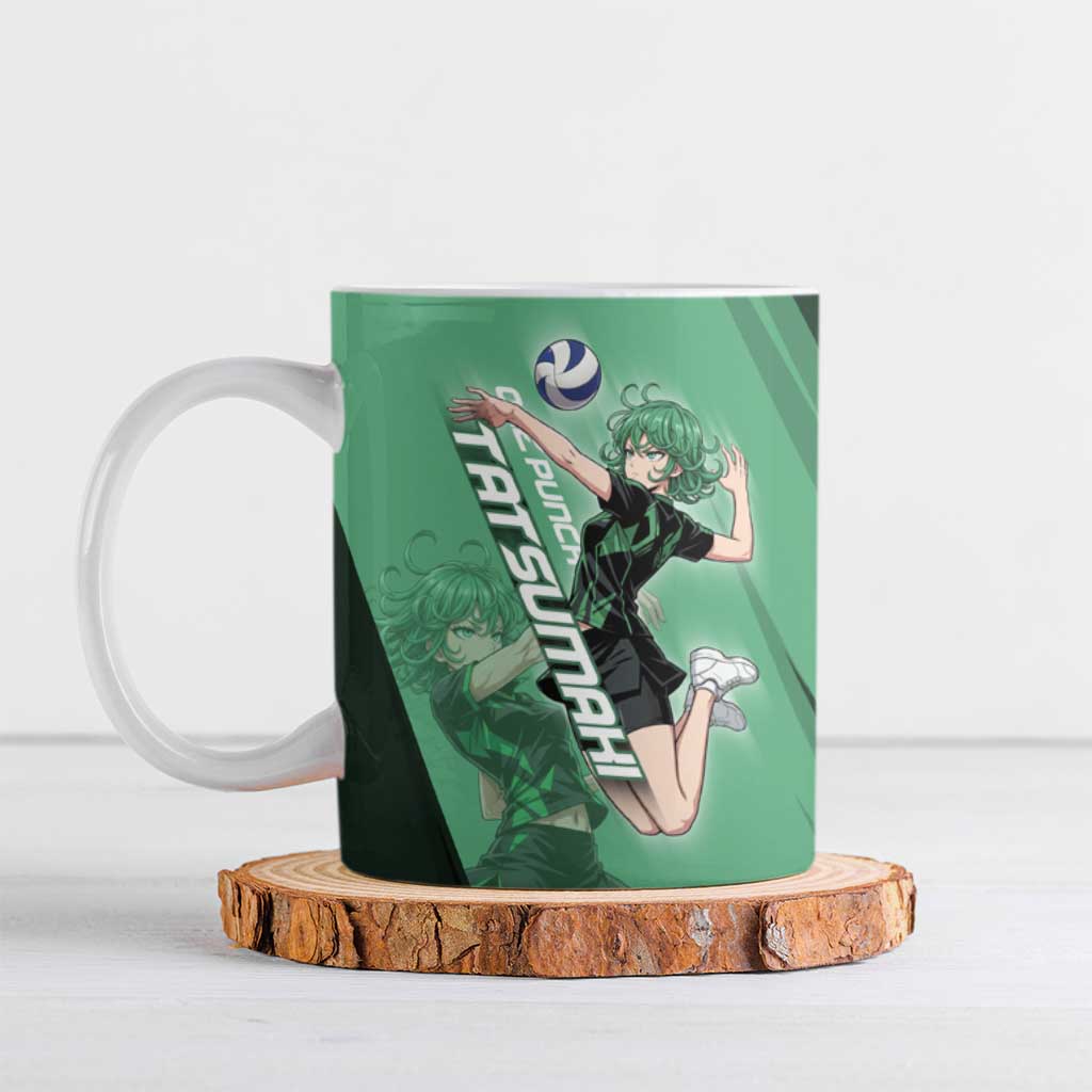Personalized Tatsumaki Volleyball Design Ceramic Mug with Green Athletic Theme and Energetic Action Pose