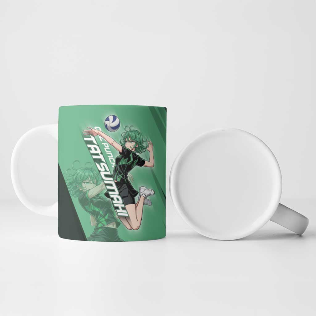 Personalized Tatsumaki Volleyball Design Ceramic Mug with Green Athletic Theme and Energetic Action Pose