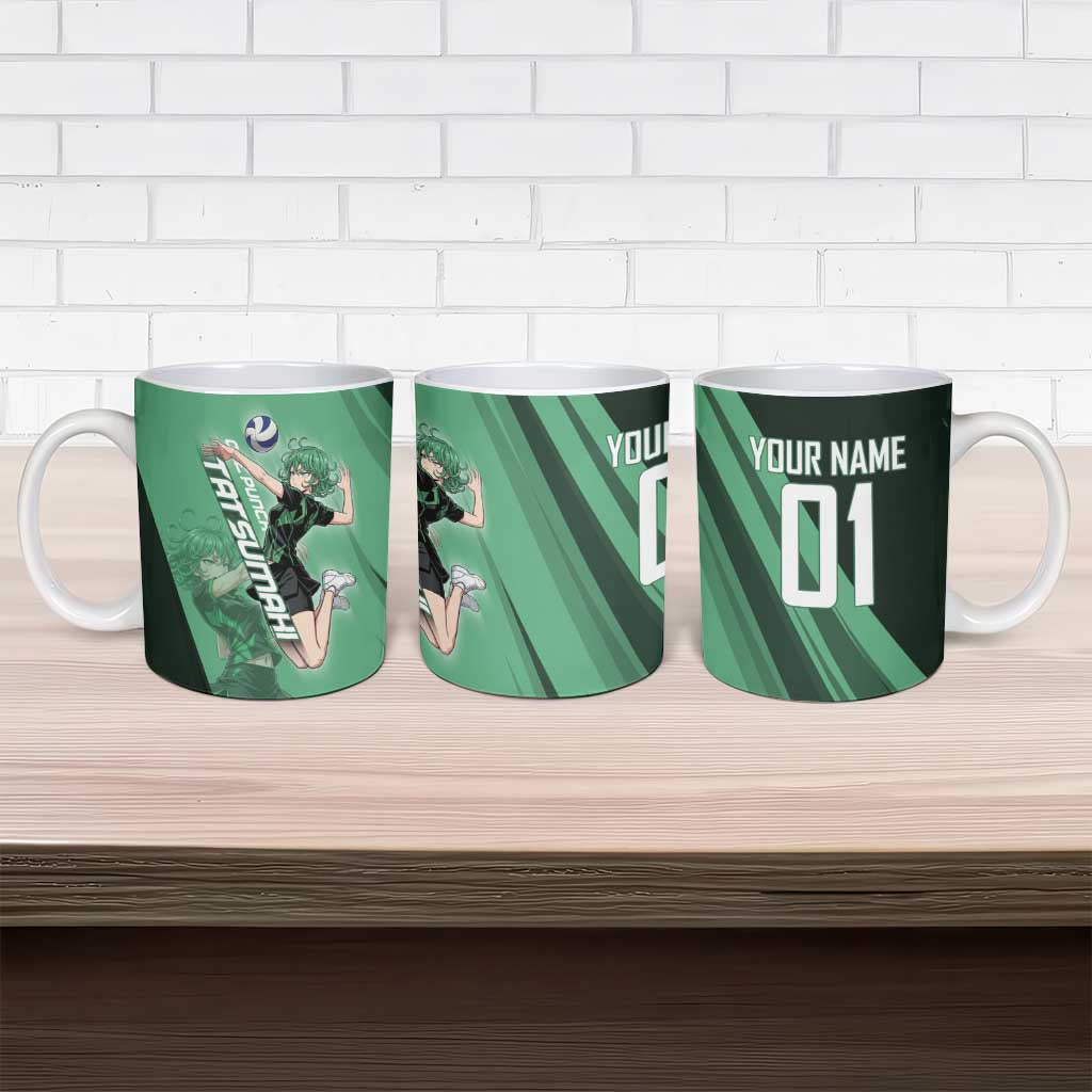 Personalized Tatsumaki Volleyball Design Ceramic Mug with Green Athletic Theme and Energetic Action Pose