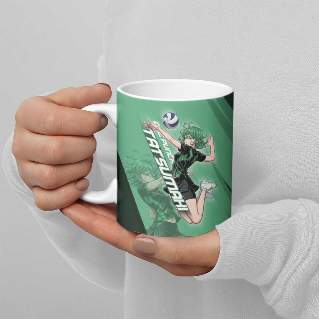 Personalized Tatsumaki Volleyball Design Ceramic Mug with Green Athletic Theme and Energetic Action Pose