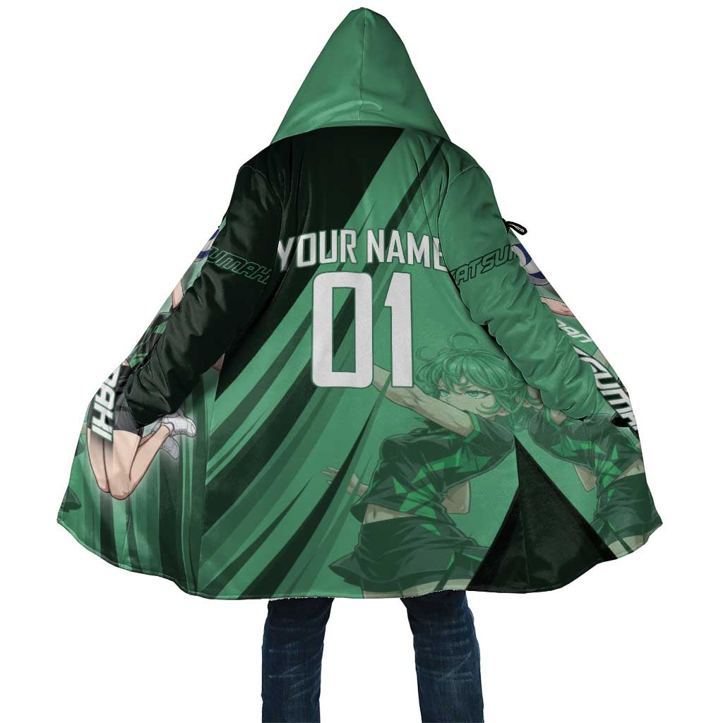 Personalized Tatsumaki Volleyball Design Cloak with Green Athletic Theme and Energetic Action Pose