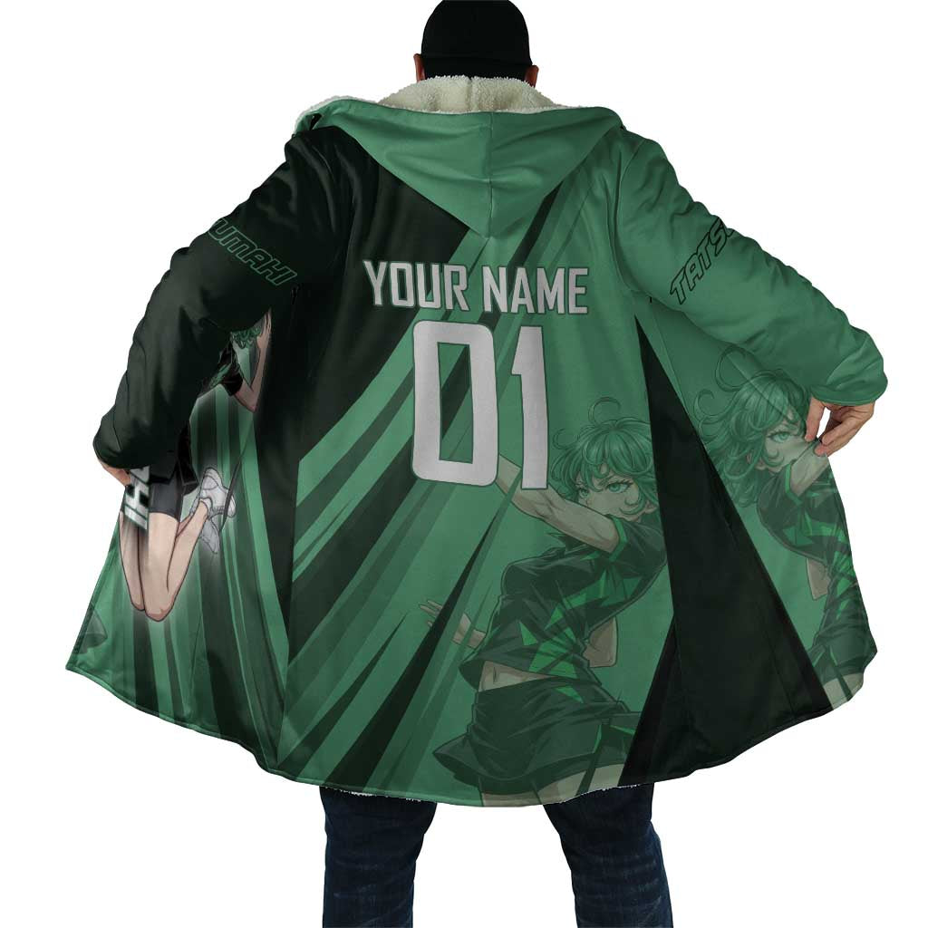 Personalized Tatsumaki Volleyball Design Cloak with Green Athletic Theme and Energetic Action Pose