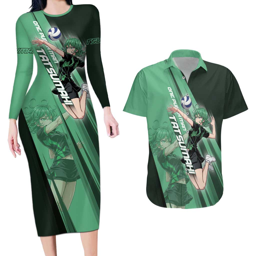 Personalized Tatsumaki Volleyball Design Couples Matching Long Sleeve Bodycon Dress and Hawaiian Shirt with Green Athletic Theme and Energetic Action Pose