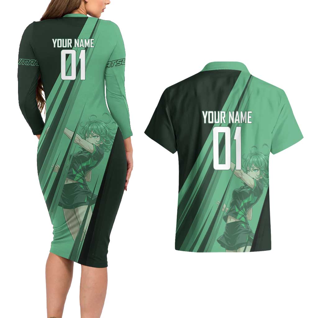 Personalized Tatsumaki Volleyball Design Couples Matching Long Sleeve Bodycon Dress and Hawaiian Shirt with Green Athletic Theme and Energetic Action Pose