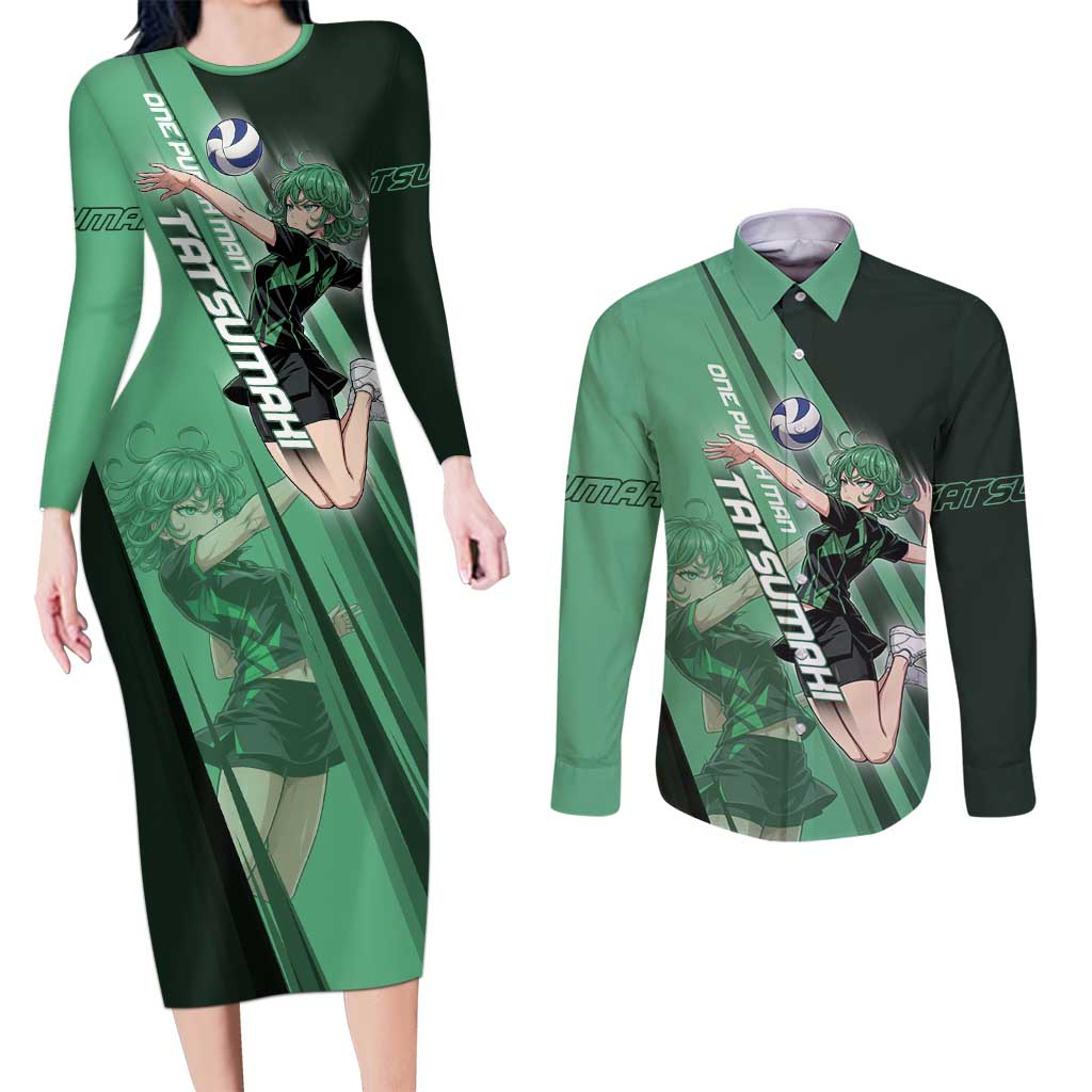 Personalized Tatsumaki Volleyball Design Couples Matching Long Sleeve Bodycon Dress and Long Sleeve Button Shirt with Green Athletic Theme and Energetic Action Pose