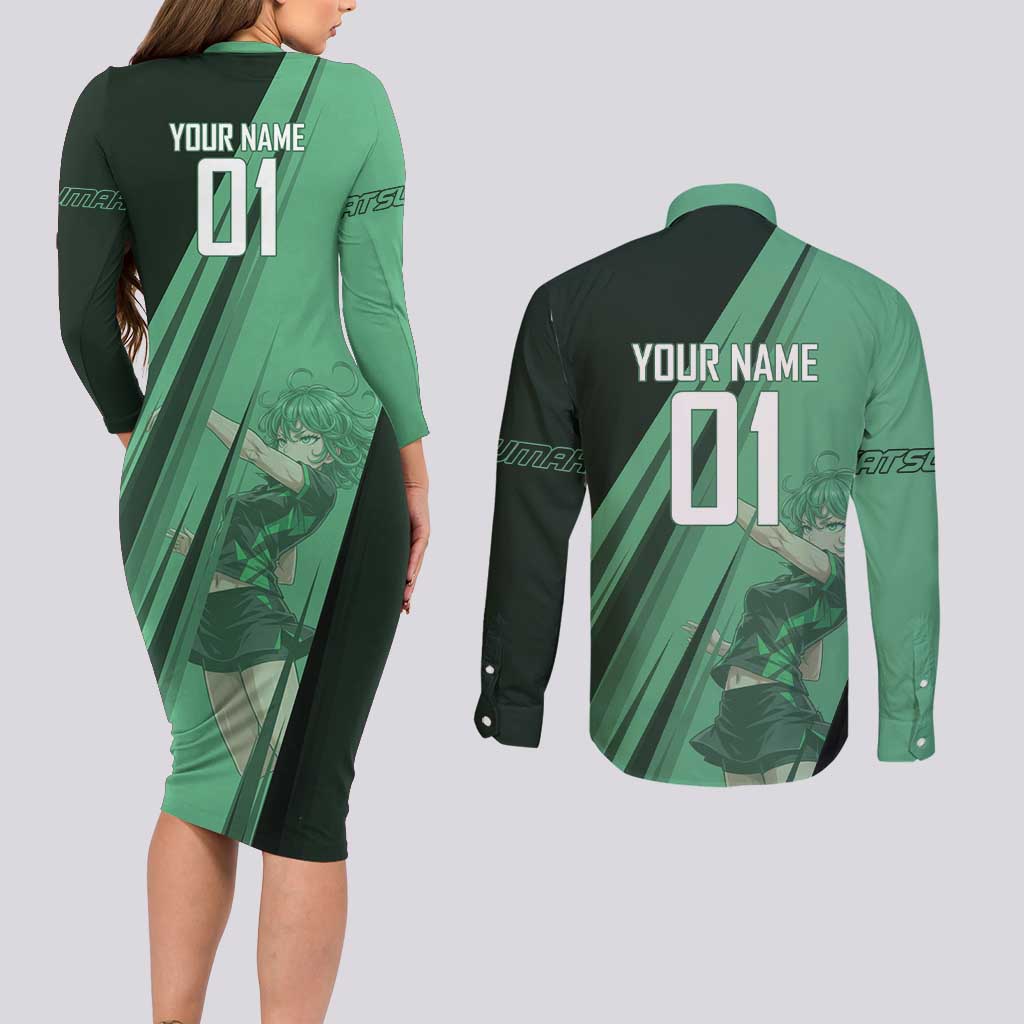 Personalized Tatsumaki Volleyball Design Couples Matching Long Sleeve Bodycon Dress and Long Sleeve Button Shirt with Green Athletic Theme and Energetic Action Pose