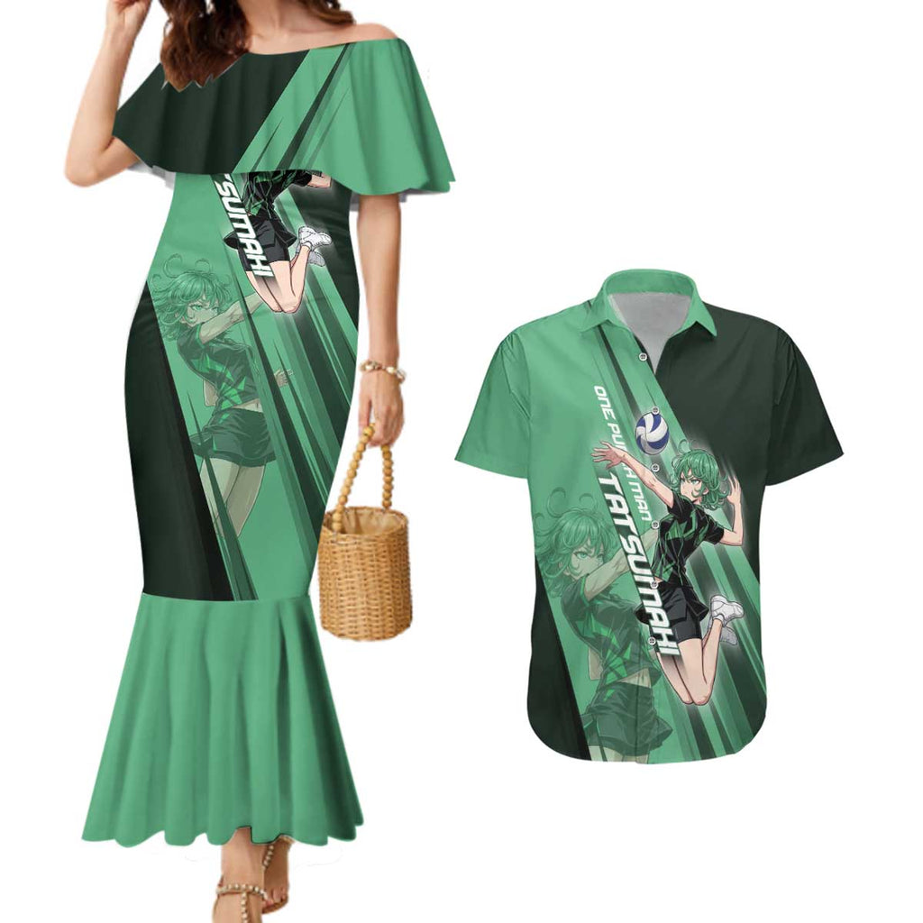 Personalized Tatsumaki Volleyball Design Couples Matching Mermaid Dress and Hawaiian Shirt with Green Athletic Theme and Energetic Action Pose