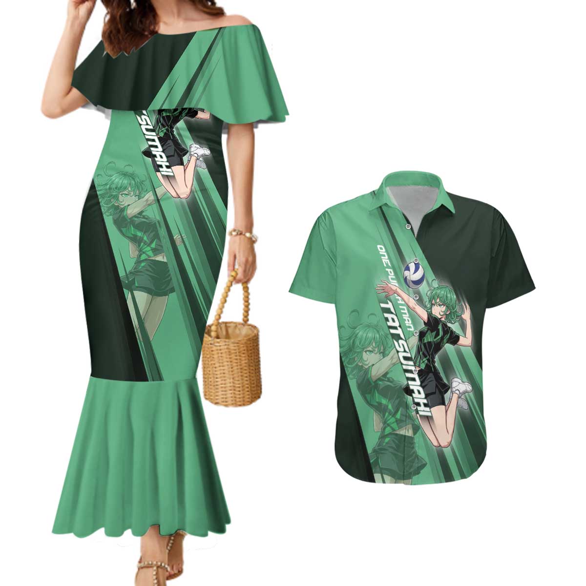 Personalized Tatsumaki Volleyball Design Couples Matching Mermaid Dress and Hawaiian Shirt with Green Athletic Theme and Energetic Action Pose