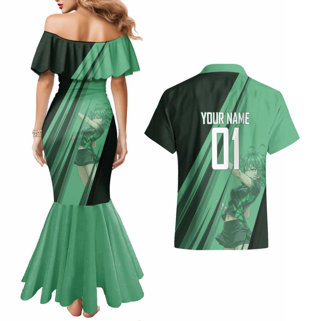 Personalized Tatsumaki Volleyball Design Couples Matching Mermaid Dress and Hawaiian Shirt with Green Athletic Theme and Energetic Action Pose