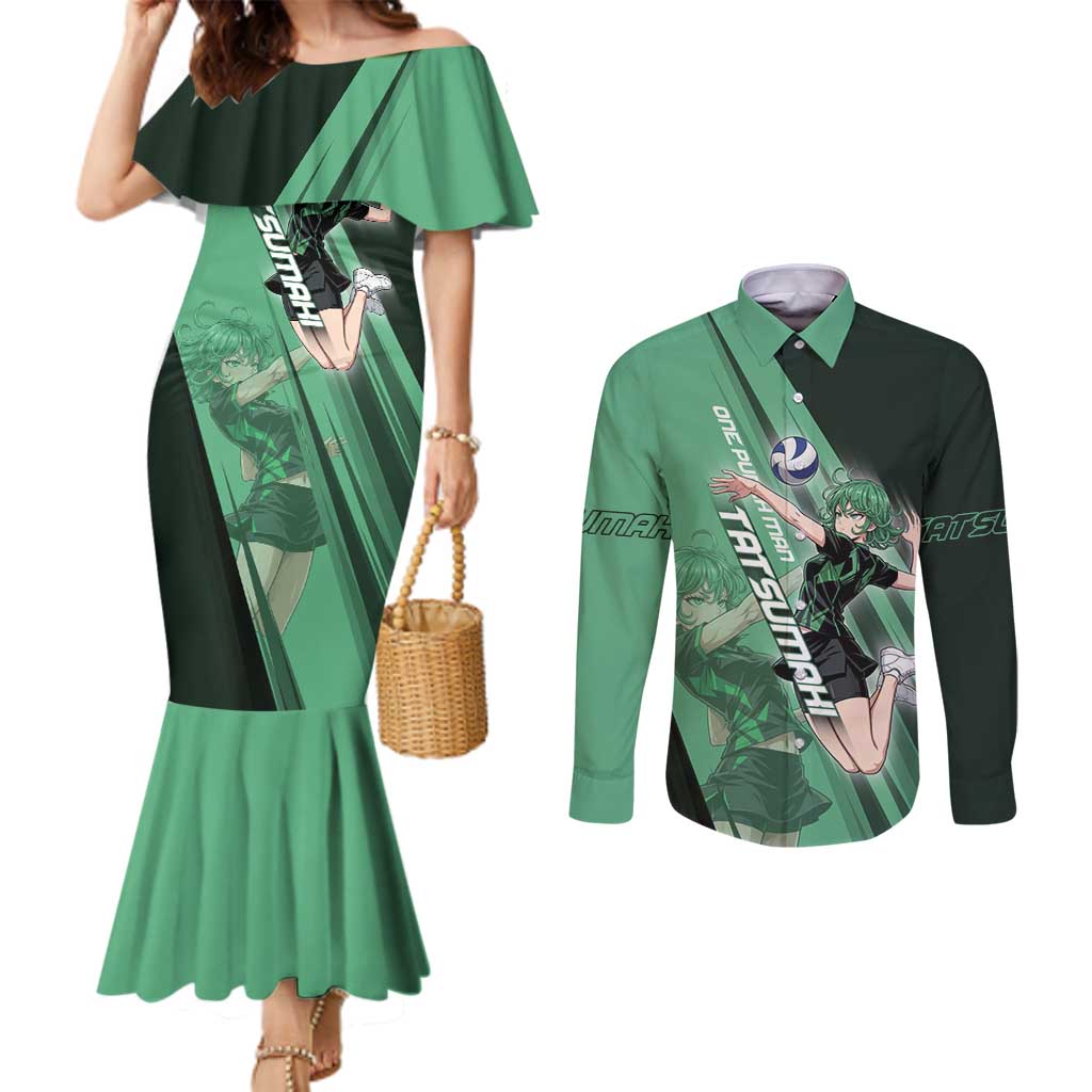 Personalized Tatsumaki Volleyball Design Couples Matching Mermaid Dress and Long Sleeve Button Shirt with Green Athletic Theme and Energetic Action Pose