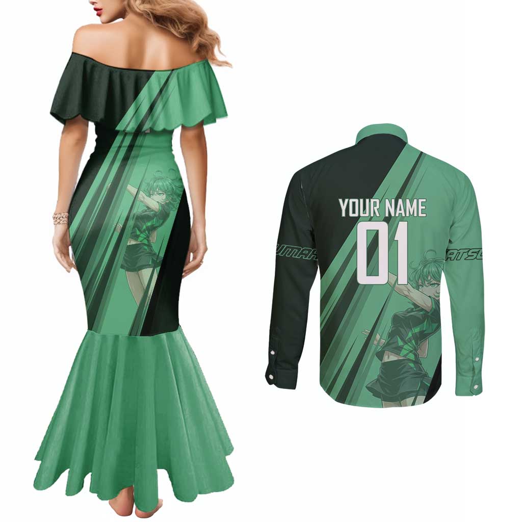 Personalized Tatsumaki Volleyball Design Couples Matching Mermaid Dress and Long Sleeve Button Shirt with Green Athletic Theme and Energetic Action Pose