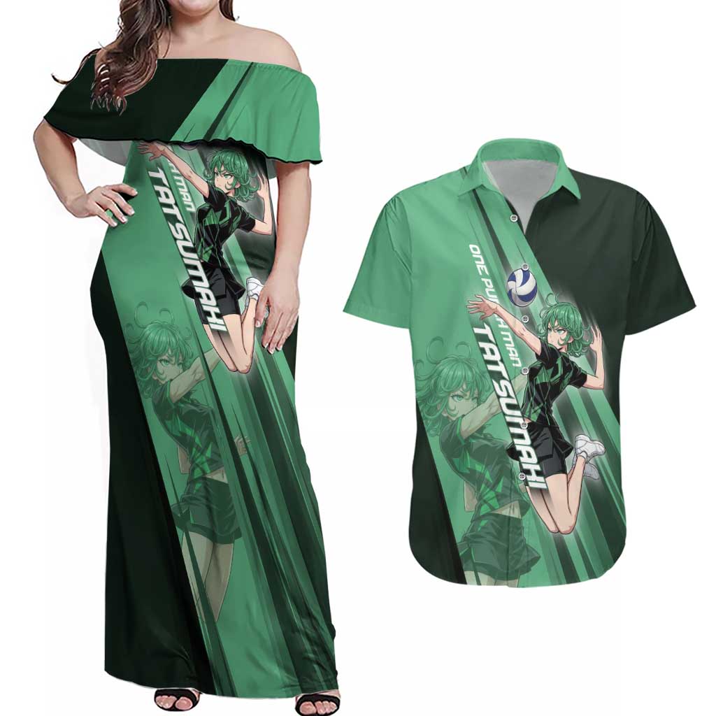 Personalized Tatsumaki Volleyball Design Couples Matching Off Shoulder Maxi Dress and Hawaiian Shirt with Green Athletic Theme and Energetic Action Pose
