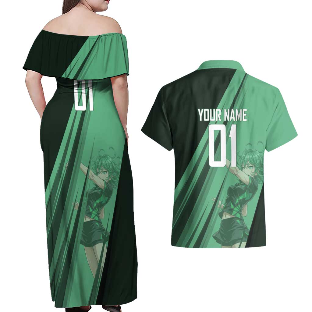 Personalized Tatsumaki Volleyball Design Couples Matching Off Shoulder Maxi Dress and Hawaiian Shirt with Green Athletic Theme and Energetic Action Pose