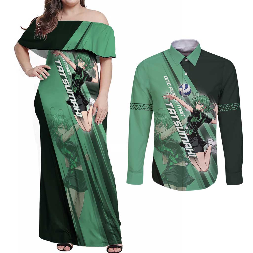 Personalized Tatsumaki Volleyball Design Couples Matching Off Shoulder Maxi Dress and Long Sleeve Button Shirt with Green Athletic Theme and Energetic Action Pose