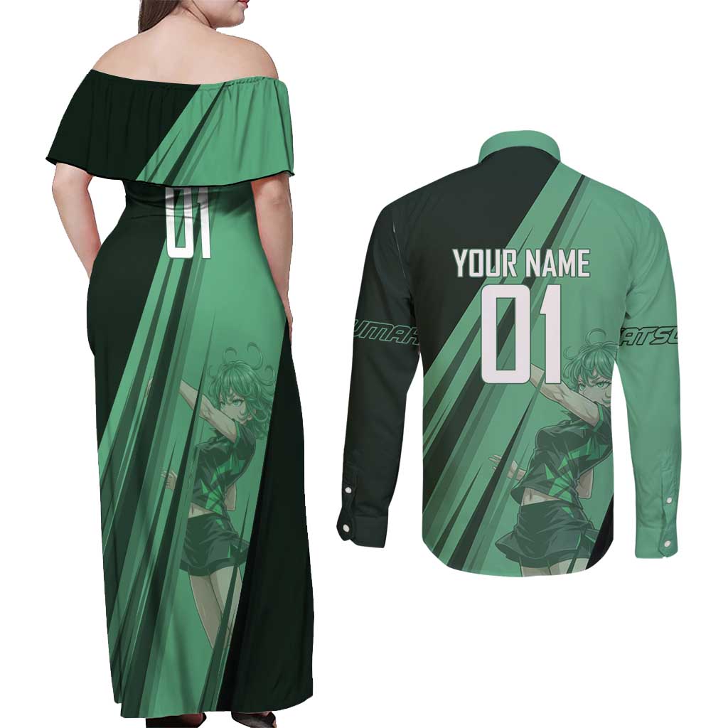 Personalized Tatsumaki Volleyball Design Couples Matching Off Shoulder Maxi Dress and Long Sleeve Button Shirt with Green Athletic Theme and Energetic Action Pose