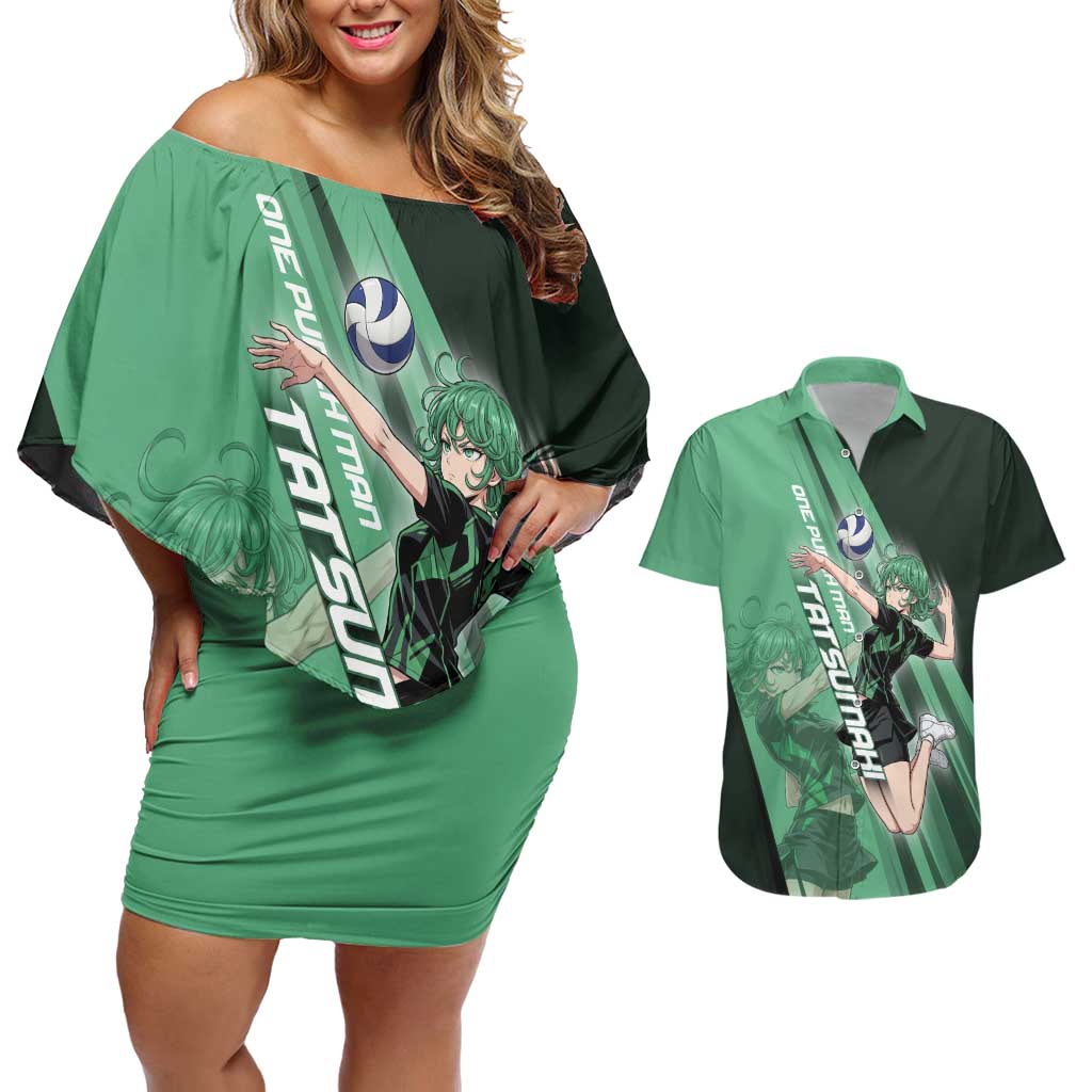 Personalized Tatsumaki Volleyball Design Couples Matching Off Shoulder Short Dress and Hawaiian Shirt with Green Athletic Theme and Energetic Action Pose