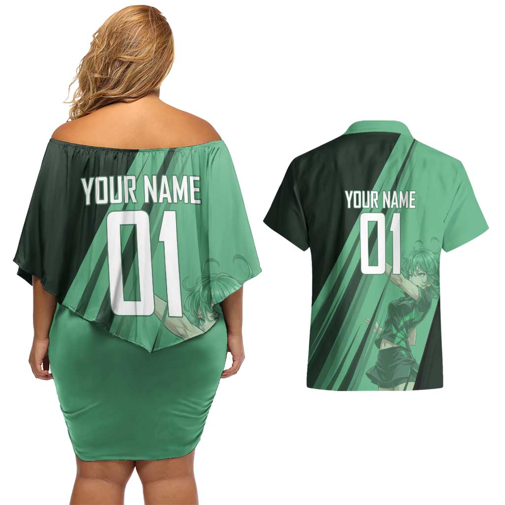 Personalized Tatsumaki Volleyball Design Couples Matching Off Shoulder Short Dress and Hawaiian Shirt with Green Athletic Theme and Energetic Action Pose