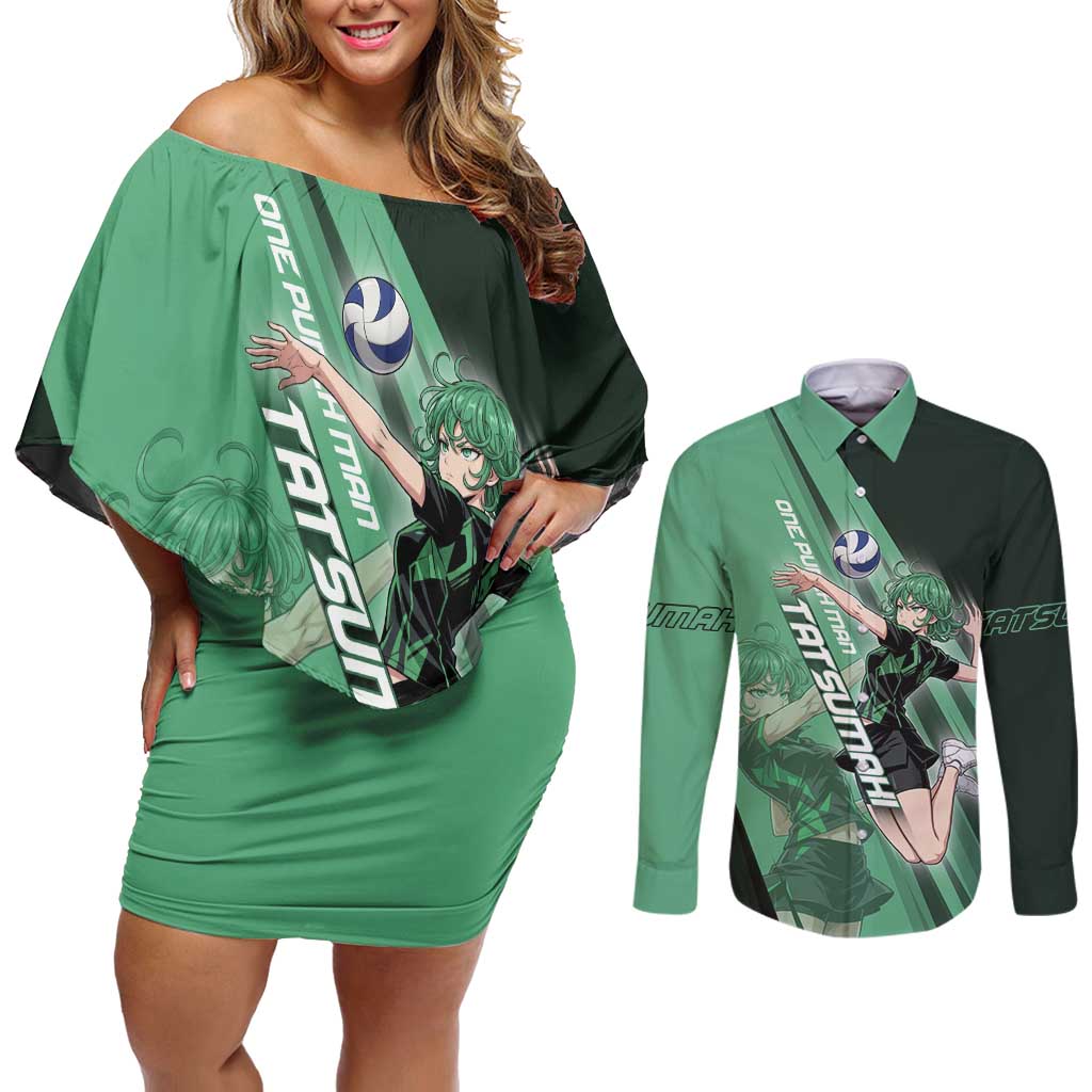 Personalized Tatsumaki Volleyball Design Couples Matching Off Shoulder Short Dress and Long Sleeve Button Shirt with Green Athletic Theme and Energetic Action Pose