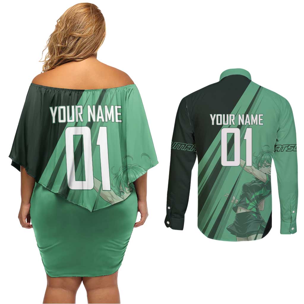 Personalized Tatsumaki Volleyball Design Couples Matching Off Shoulder Short Dress and Long Sleeve Button Shirt with Green Athletic Theme and Energetic Action Pose