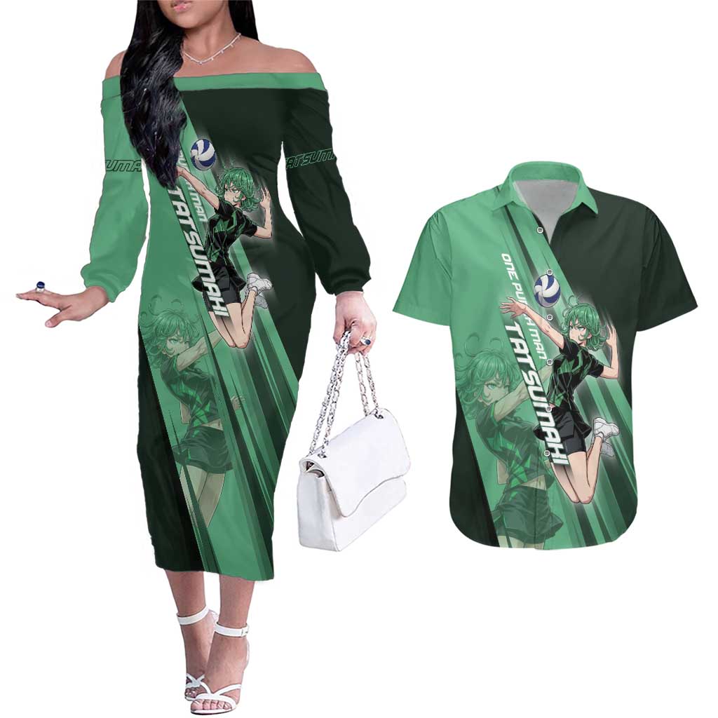 Personalized Tatsumaki Volleyball Design Couples Matching Off The Shoulder Long Sleeve Dress and Hawaiian Shirt with Green Athletic Theme and Energetic Action Pose