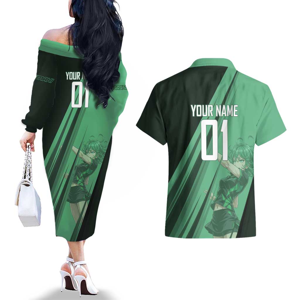 Personalized Tatsumaki Volleyball Design Couples Matching Off The Shoulder Long Sleeve Dress and Hawaiian Shirt with Green Athletic Theme and Energetic Action Pose