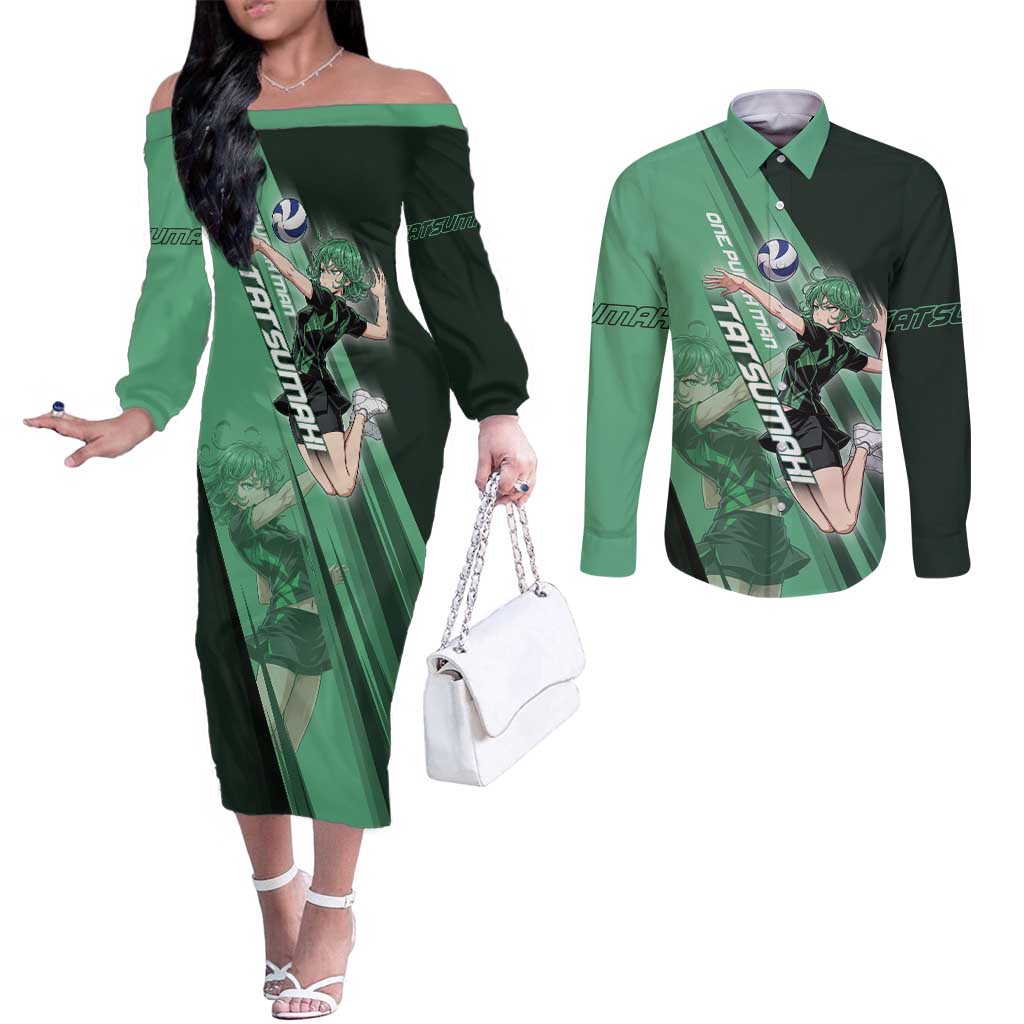 Personalized Tatsumaki Volleyball Design Couples Matching Off The Shoulder Long Sleeve Dress and Long Sleeve Button Shirt with Green Athletic Theme and Energetic Action Pose