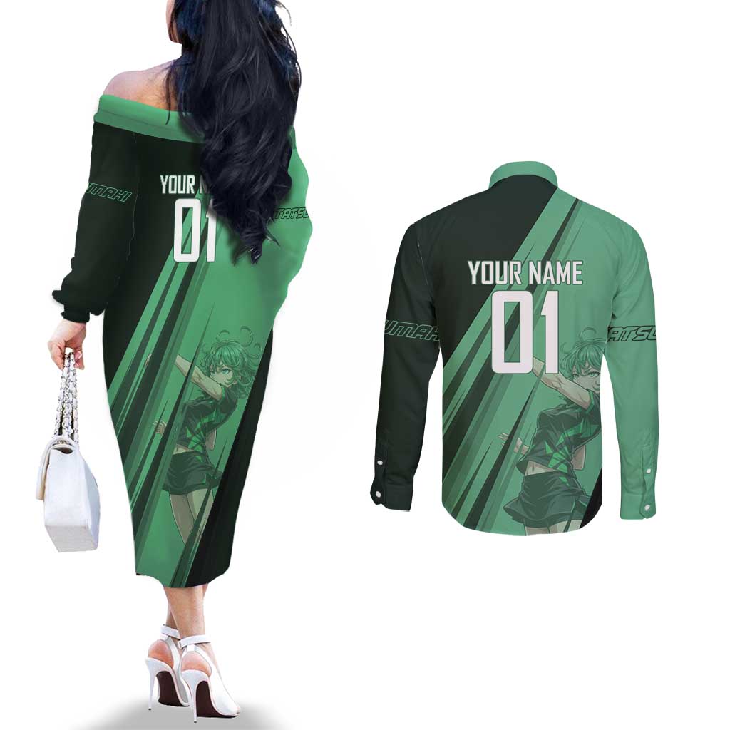 Personalized Tatsumaki Volleyball Design Couples Matching Off The Shoulder Long Sleeve Dress and Long Sleeve Button Shirt with Green Athletic Theme and Energetic Action Pose