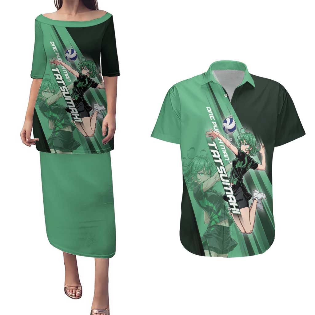 Personalized Tatsumaki Volleyball Design Couples Matching Puletasi and Hawaiian Shirt with Green Athletic Theme and Energetic Action Pose