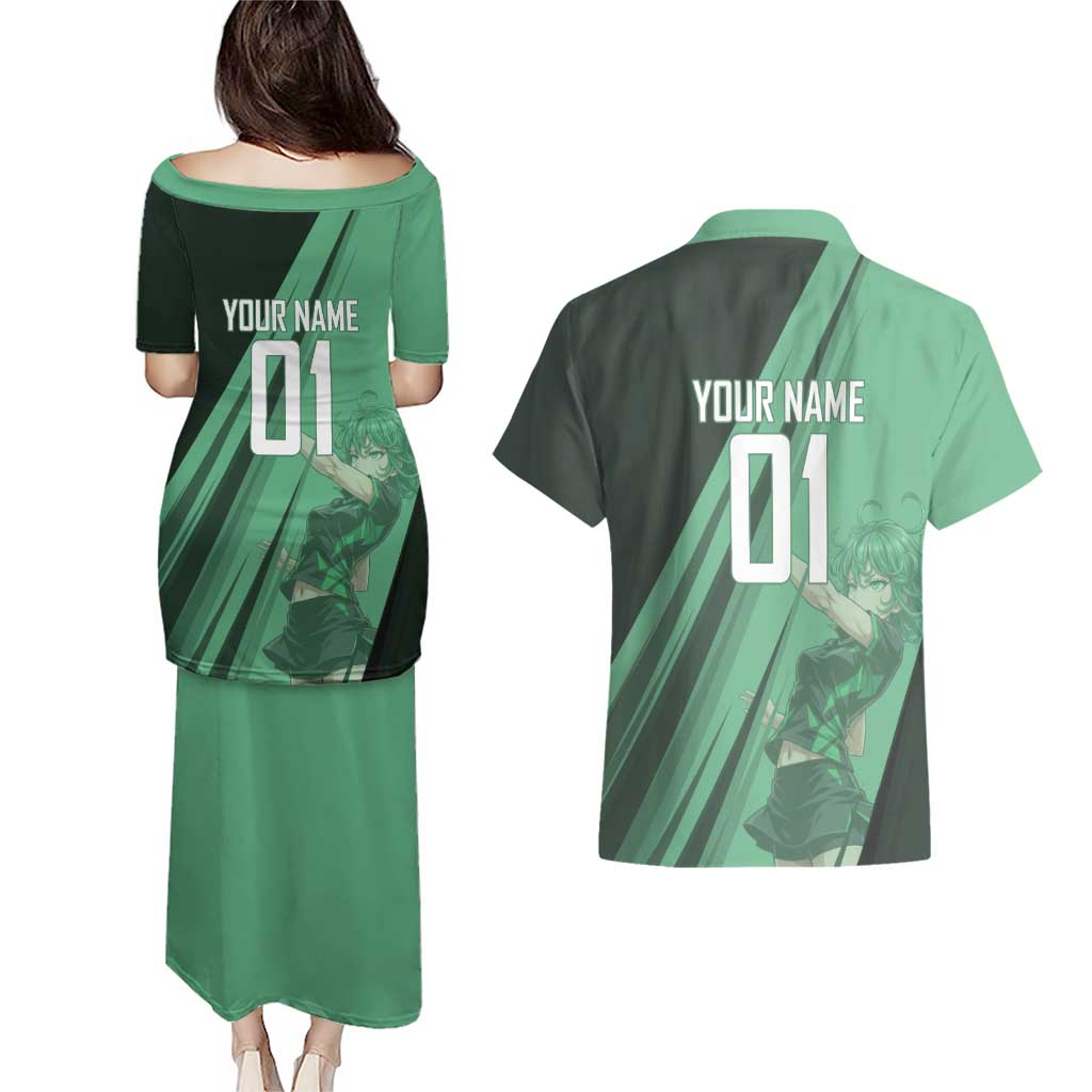 Personalized Tatsumaki Volleyball Design Couples Matching Puletasi and Hawaiian Shirt with Green Athletic Theme and Energetic Action Pose