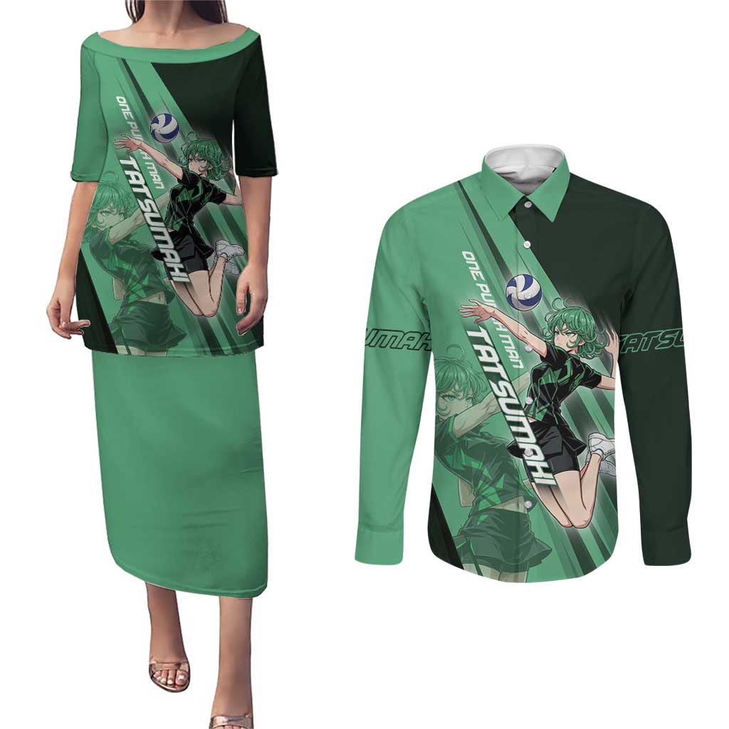 Personalized Tatsumaki Volleyball Design Couples Matching Puletasi and Long Sleeve Button Shirt with Green Athletic Theme and Energetic Action Pose