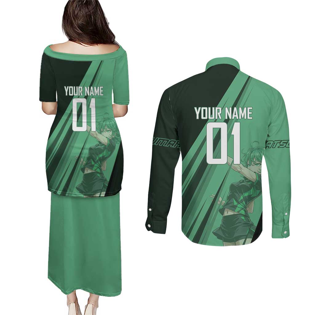 Personalized Tatsumaki Volleyball Design Couples Matching Puletasi and Long Sleeve Button Shirt with Green Athletic Theme and Energetic Action Pose