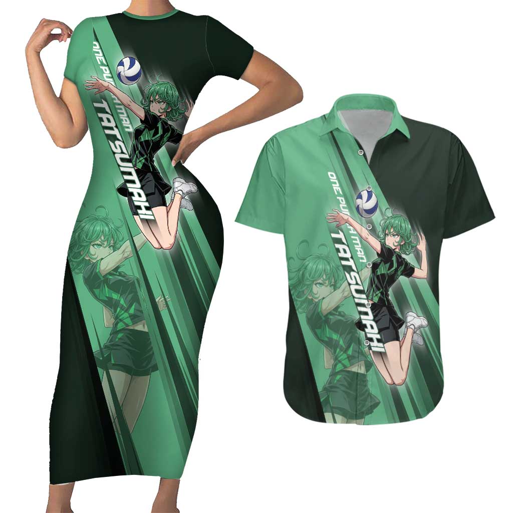Personalized Tatsumaki Volleyball Design Couples Matching Short Sleeve Bodycon Dress and Hawaiian Shirt with Green Athletic Theme and Energetic Action Pose