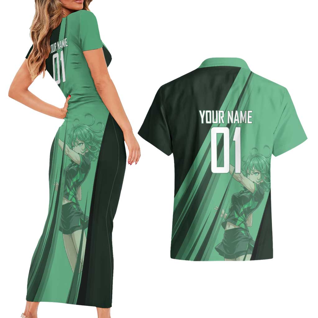 Personalized Tatsumaki Volleyball Design Couples Matching Short Sleeve Bodycon Dress and Hawaiian Shirt with Green Athletic Theme and Energetic Action Pose