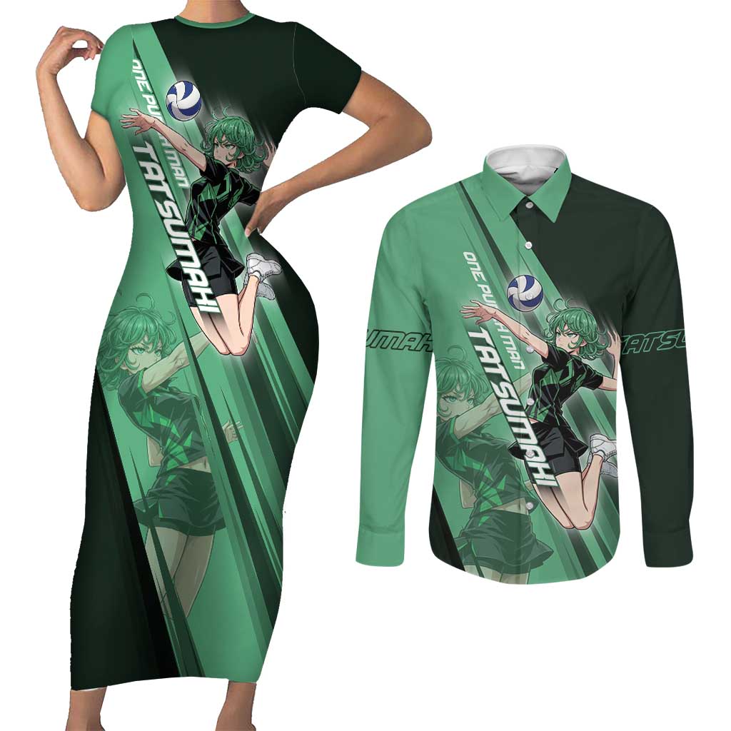 Personalized Tatsumaki Volleyball Design Couples Matching Short Sleeve Bodycon Dress and Long Sleeve Button Shirt with Green Athletic Theme and Energetic Action Pose
