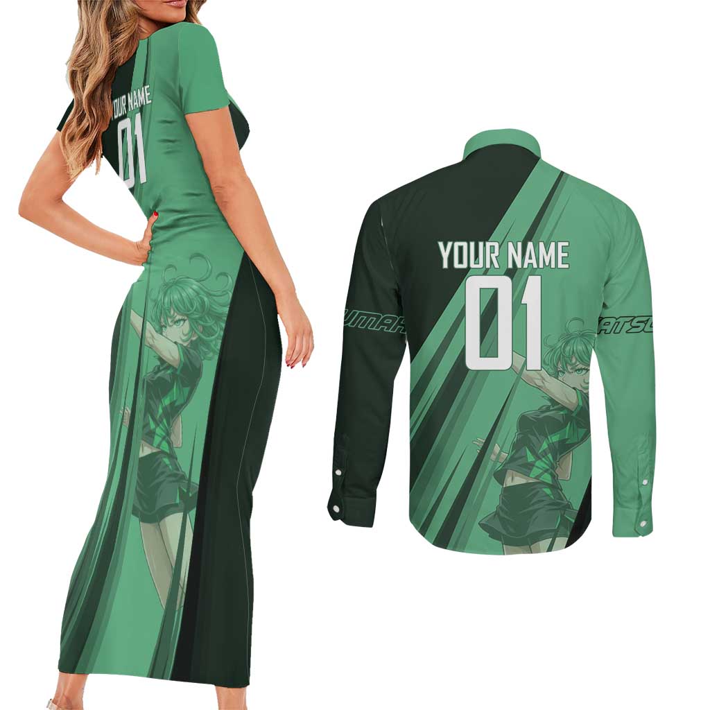 Personalized Tatsumaki Volleyball Design Couples Matching Short Sleeve Bodycon Dress and Long Sleeve Button Shirt with Green Athletic Theme and Energetic Action Pose