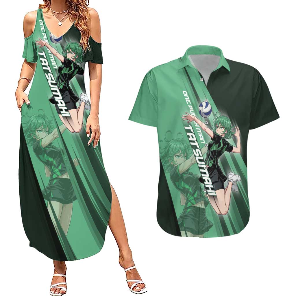 Personalized Tatsumaki Volleyball Design Couples Matching Summer Maxi Dress and Hawaiian Shirt with Green Athletic Theme and Energetic Action Pose