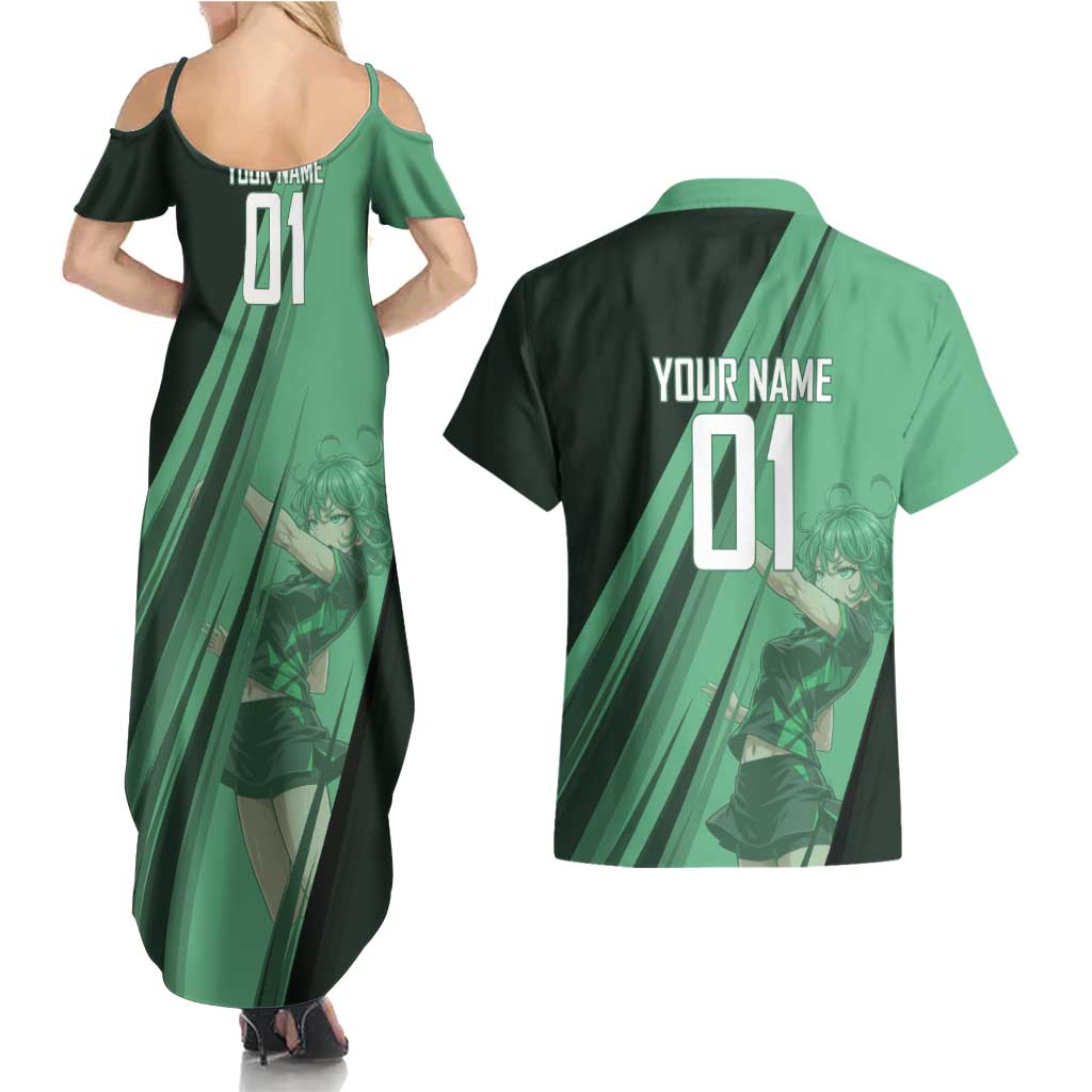 Personalized Tatsumaki Volleyball Design Couples Matching Summer Maxi Dress and Hawaiian Shirt with Green Athletic Theme and Energetic Action Pose