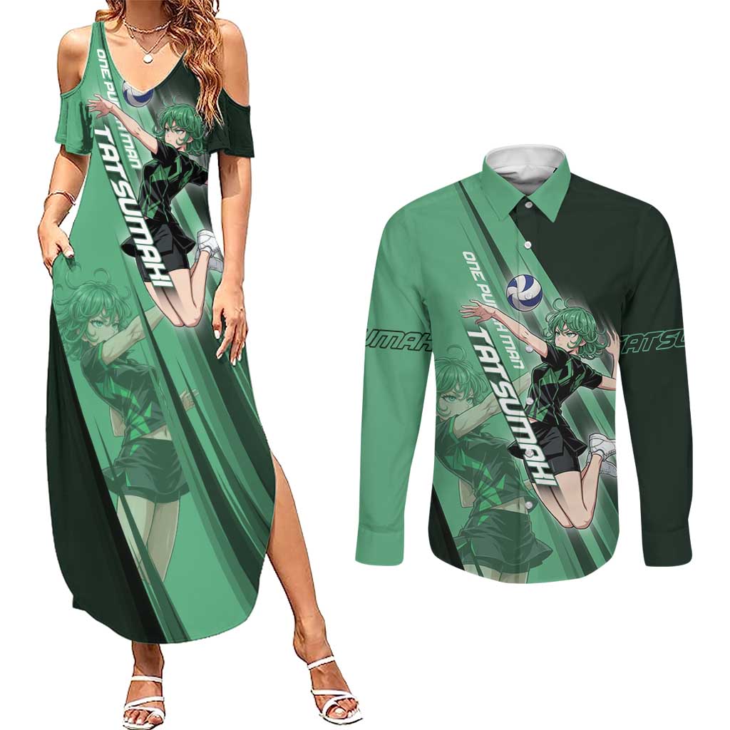 Personalized Tatsumaki Volleyball Design Couples Matching Summer Maxi Dress and Long Sleeve Button Shirt with Green Athletic Theme and Energetic Action Pose