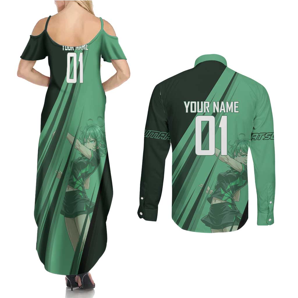 Personalized Tatsumaki Volleyball Design Couples Matching Summer Maxi Dress and Long Sleeve Button Shirt with Green Athletic Theme and Energetic Action Pose