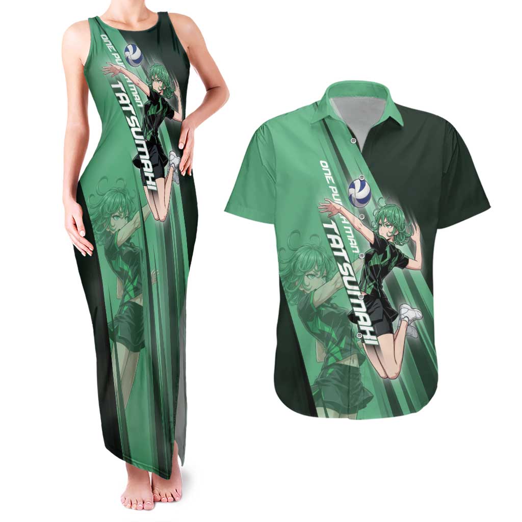 Personalized Tatsumaki Volleyball Design Couples Matching Tank Maxi Dress and Hawaiian Shirt with Green Athletic Theme and Energetic Action Pose
