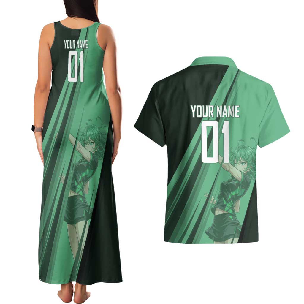 Personalized Tatsumaki Volleyball Design Couples Matching Tank Maxi Dress and Hawaiian Shirt with Green Athletic Theme and Energetic Action Pose