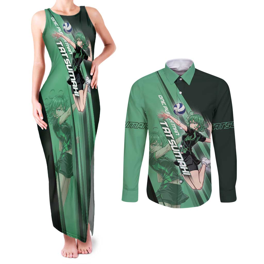 Personalized Tatsumaki Volleyball Design Couples Matching Tank Maxi Dress and Long Sleeve Button Shirt with Green Athletic Theme and Energetic Action Pose