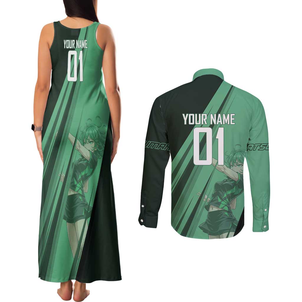 Personalized Tatsumaki Volleyball Design Couples Matching Tank Maxi Dress and Long Sleeve Button Shirt with Green Athletic Theme and Energetic Action Pose