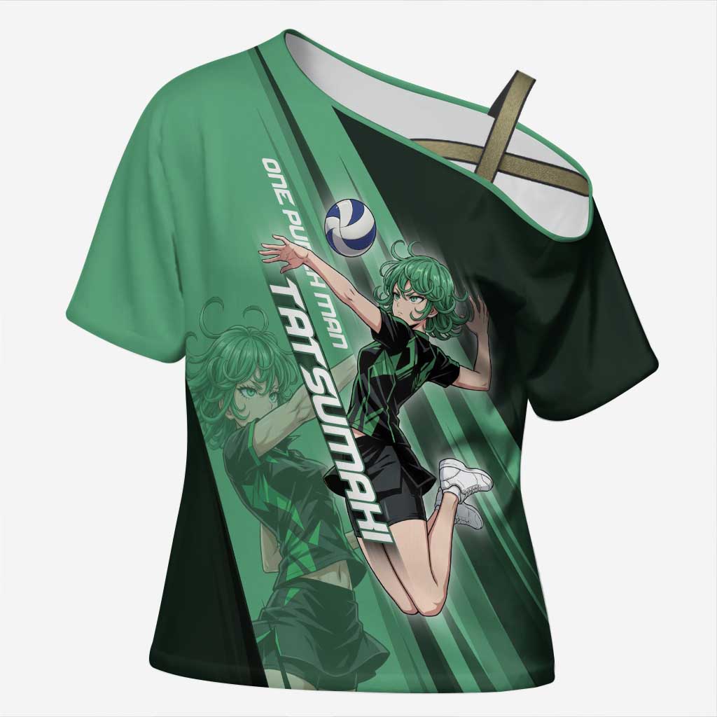 Personalized Tatsumaki Volleyball Design Cross Shoulder Shirt with Green Athletic Theme and Energetic Action Pose