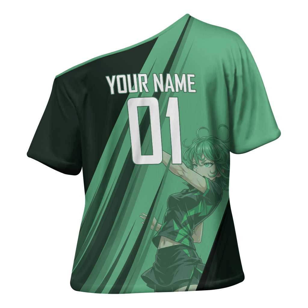 Personalized Tatsumaki Volleyball Design Cross Shoulder Shirt with Green Athletic Theme and Energetic Action Pose